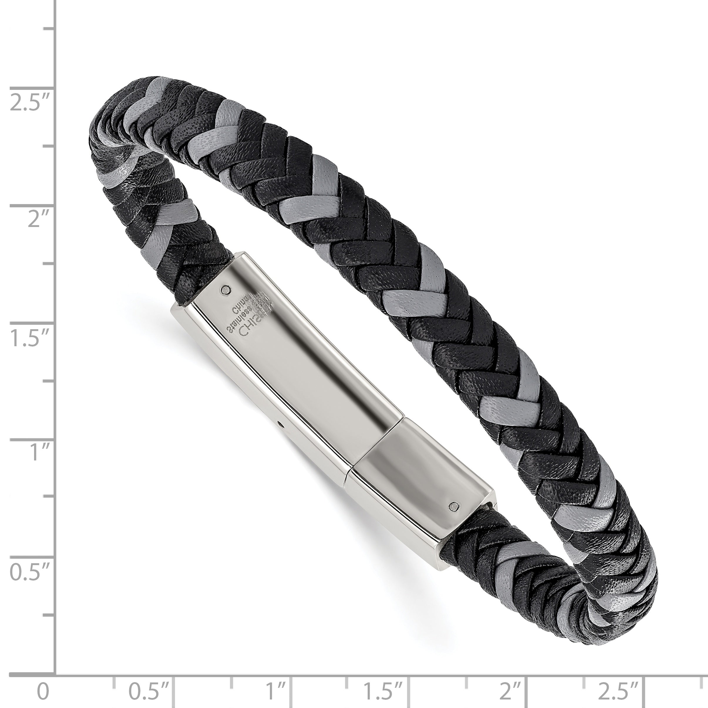 Stainless Steel Polished Black and Grey Braided Leather Bracelet