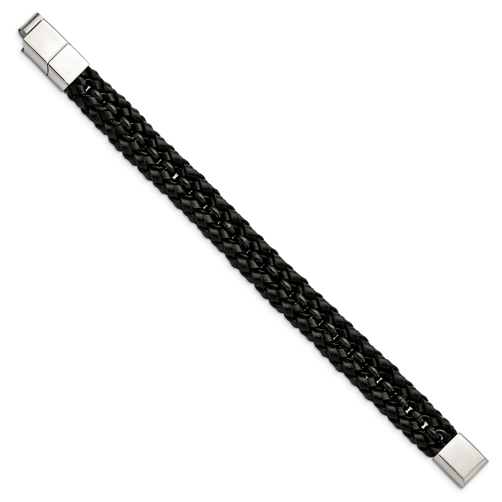 Stainless Steel Polished Black IP-plated Black Braided Leather Bracelet with . Extension