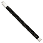 Stainless Steel Polished Black IP-plated Black Braided Leather Bracelet with . Extension