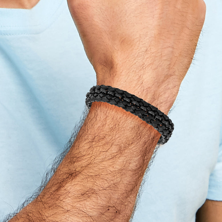 Stainless Steel Polished Black IP-plated Black Braided Leather Bracelet with . Extension