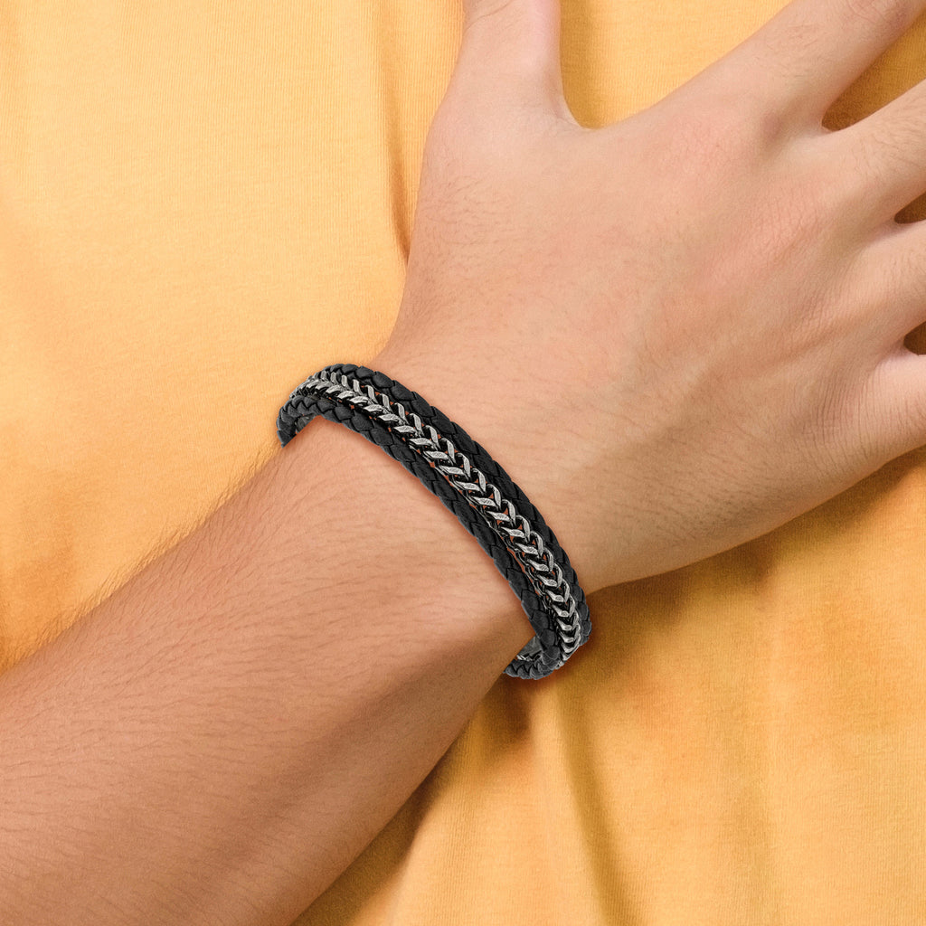 Stainless Steel Antiqued and Brushed Multi Strand Chain and Black Leather Bracelet with . Extension for Men