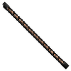 Stainless Steel Antiqued and Polished Rose IP-plated Black Leather Bracelet