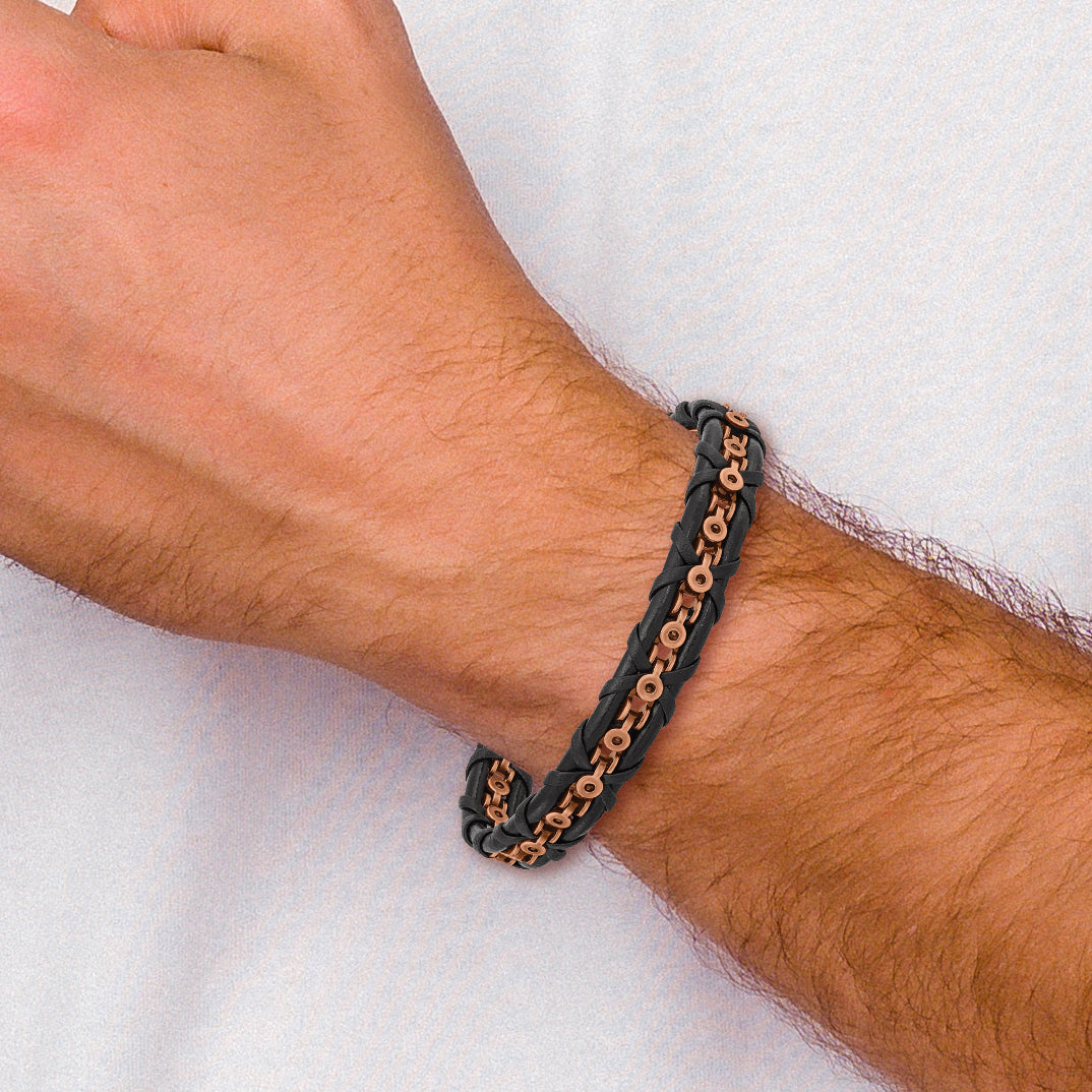Stainless Steel Antiqued and Polished Rose IP-plated Black Leather Bracelet