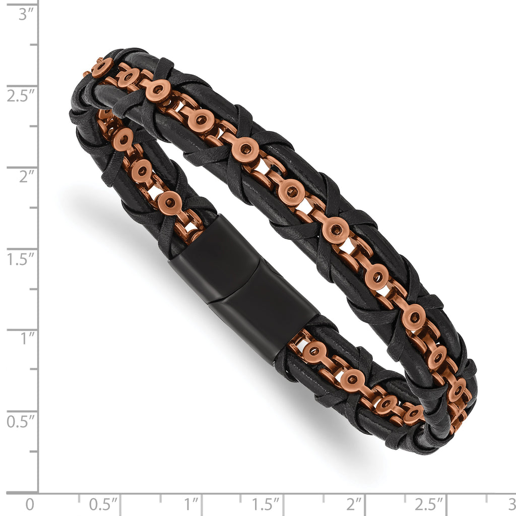 Stainless Steel Antiqued and Polished Rose IP-plated Black Leather Bracelet