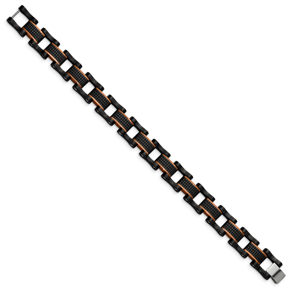 Stainless Steel Polished and Textured Black and Brown IP-plated Open Link Bracelet for Men