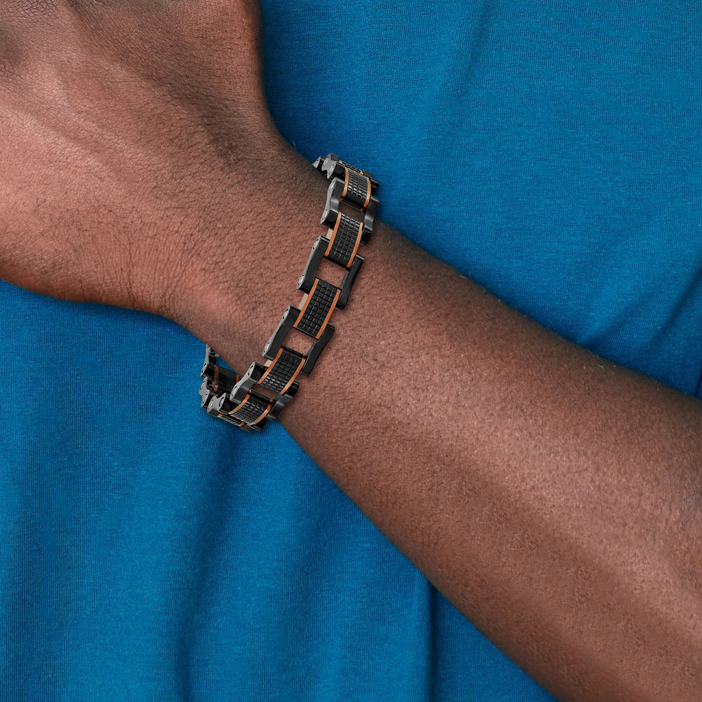Stainless Steel Polished and Textured Black and Brown IP-plated Open Link Bracelet for Men
