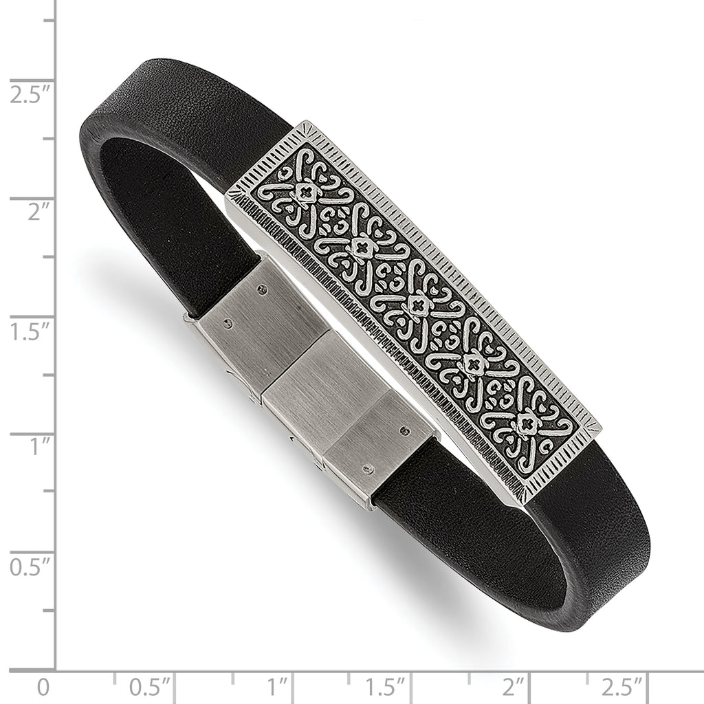 Stainless Steel Antiqued & Polished Black Leather with . ext Bracelet