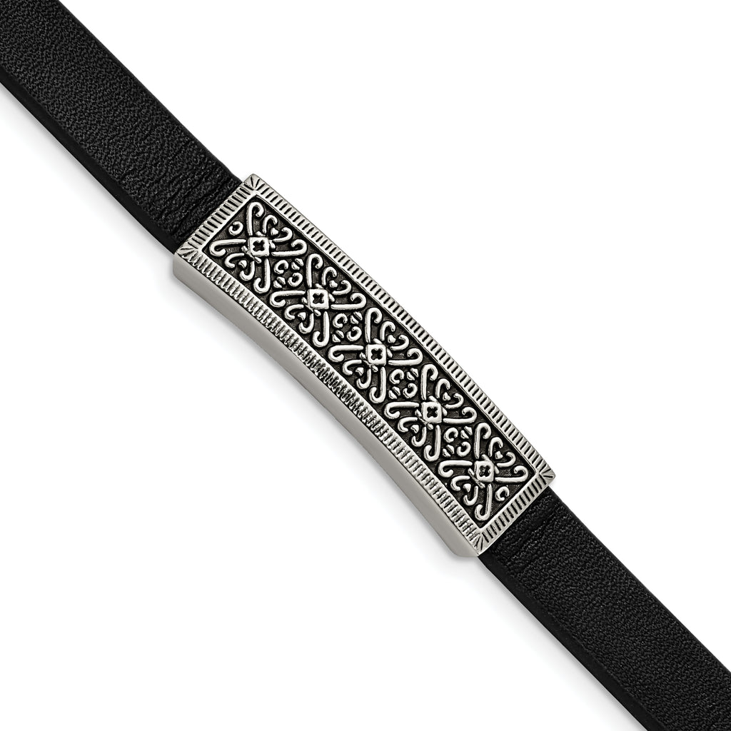 Stainless Steel Antiqued & Polished Black Leather with . ext Bracelet