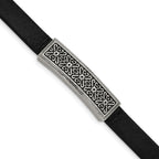 Stainless Steel Antiqued & Polished Black Leather with . ext Bracelet