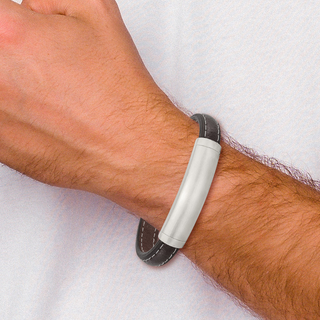 Stainless Steel Brushed Dark Brown Leather ID Bracelet with . Extension for Men