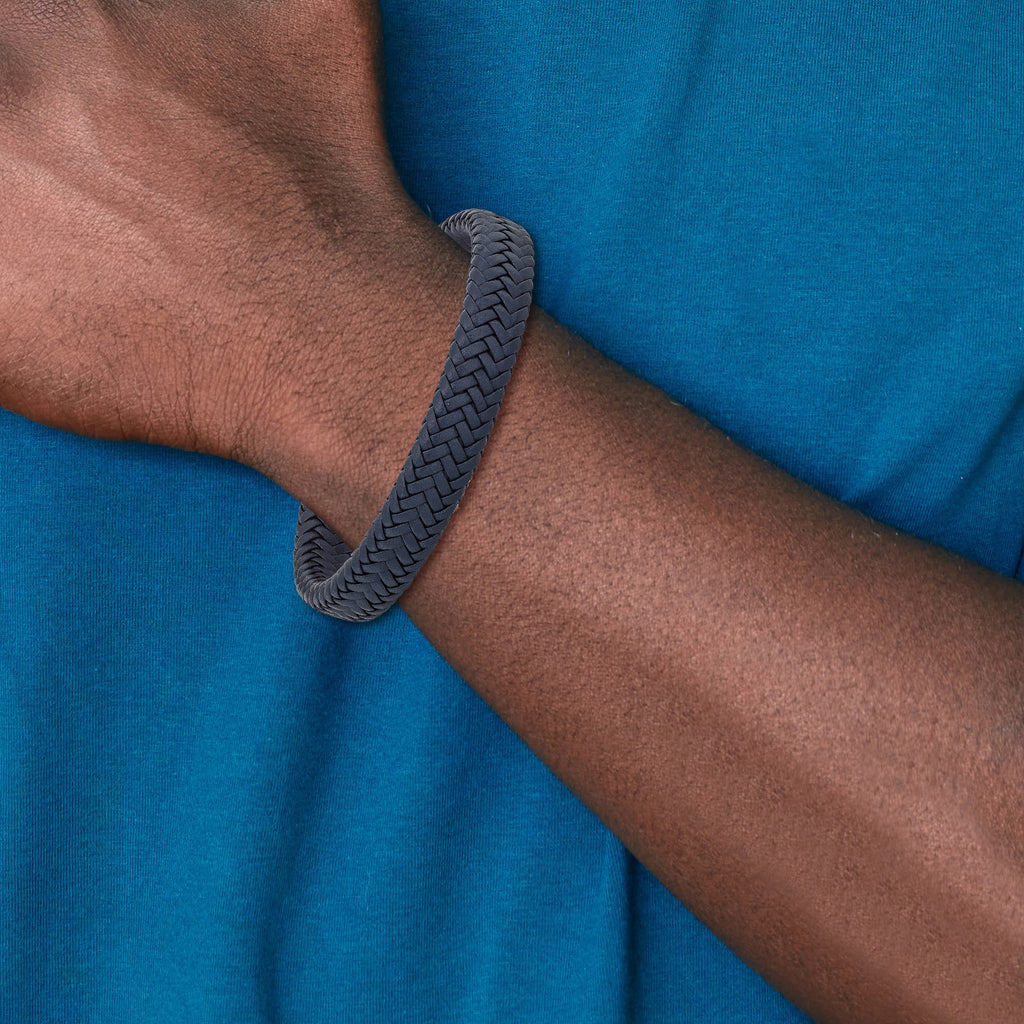 Stainless Steel Polished Navy Blue Braided Leather Bracelet with . Extension