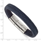 Stainless Steel Polished Navy Blue Braided Leather Bracelet with . Extension