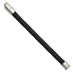 Stainless Steel Polished Black Braided Leather Bracelet with . Extension