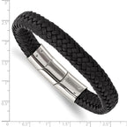 Stainless Steel Polished Black Braided Leather Bracelet with . Extension