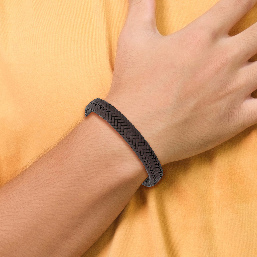 Stainless Steel Polished Dark Brown Braided Leather Bracelet with . Extension