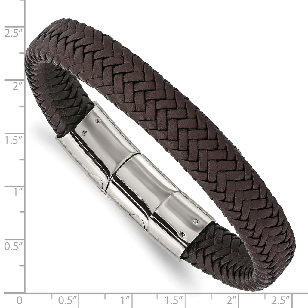 Stainless Steel Polished Dark Brown Braided Leather Bracelet with . Extension