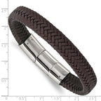 Stainless Steel Polished Dark Brown Braided Leather Bracelet with . Extension