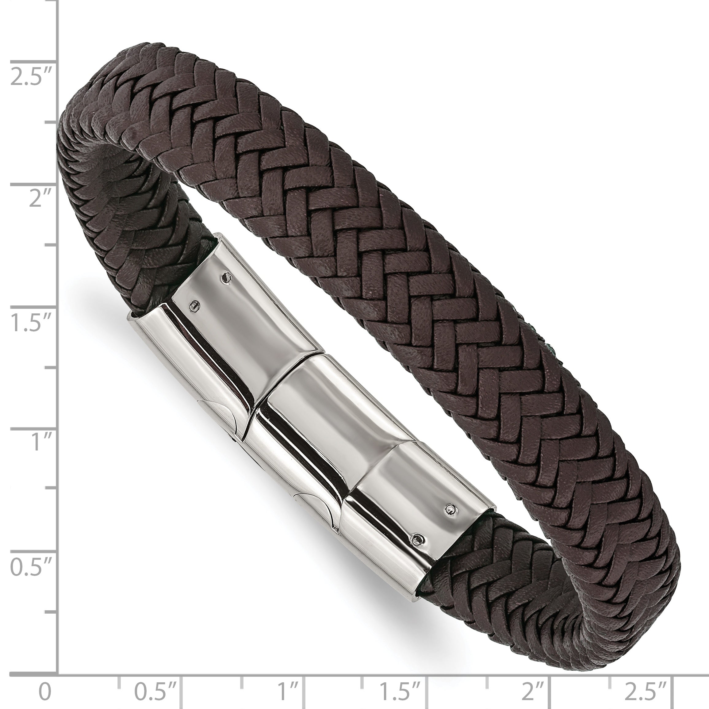 Stainless Steel Polished Dark Brown Braided Leather Bracelet with . Extension