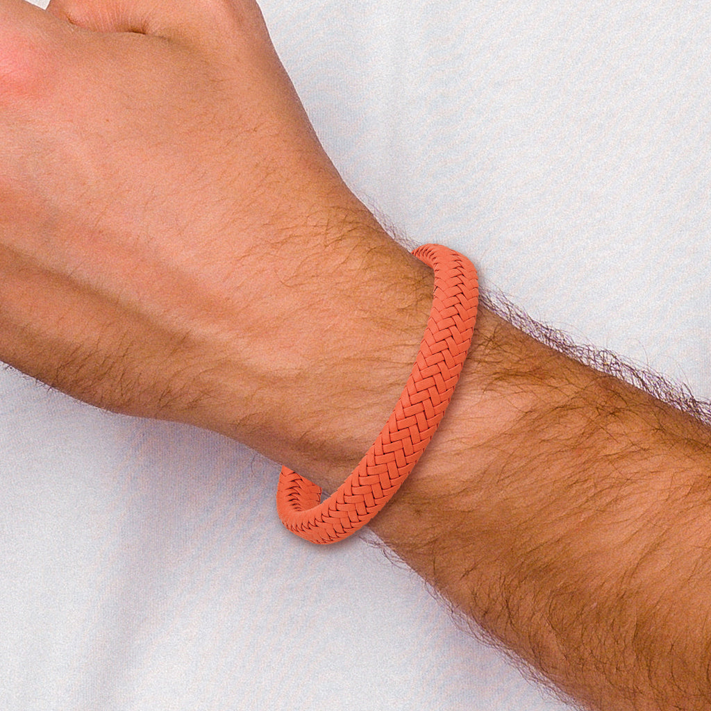 Stainless Steel Polished Orange Braided Leather Bracelet with . Extension