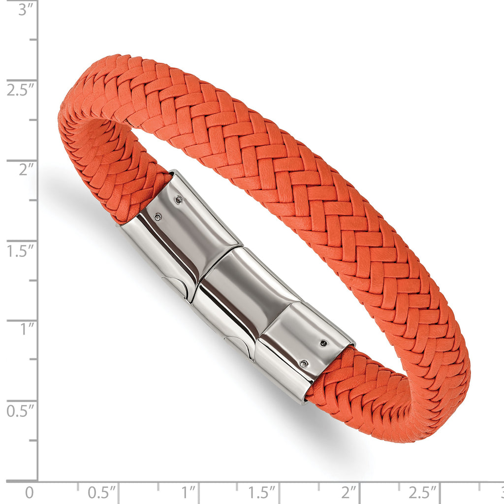 Stainless Steel Polished Orange Braided Leather Bracelet with . Extension