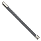 Stainless Steel Polished Grey Braided Leather Bracelet with . Extension