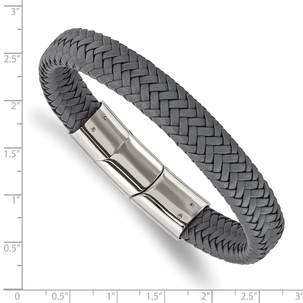 Stainless Steel Polished Grey Braided Leather Bracelet with . Extension