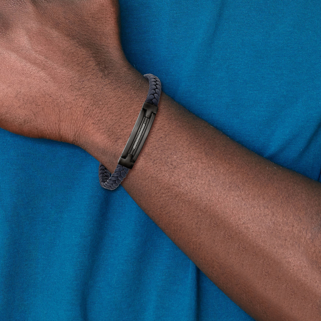Stainless Steel Polished Black IP-plated Navy Blue Braided Leather Bracelet with . Extension