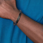 Stainless Steel Polished Black IP-plated Navy Blue Braided Leather Bracelet with . Extension