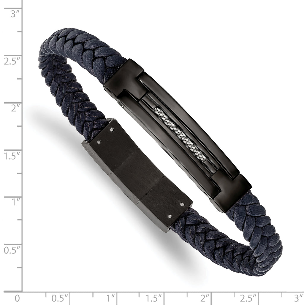 Stainless Steel Polished Black IP-plated Navy Blue Braided Leather Bracelet with . Extension