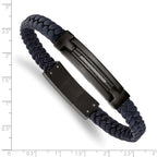 Stainless Steel Polished Black IP-plated Navy Blue Braided Leather Bracelet with . Extension
