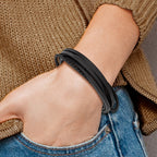 Stainless Steel Brushed Multi Strand Black Leather Bracelet