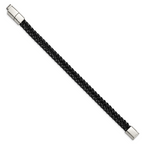 Stainless Steel Polished Black IP-plated with Black Cotton Bracelet with . Extension for Men