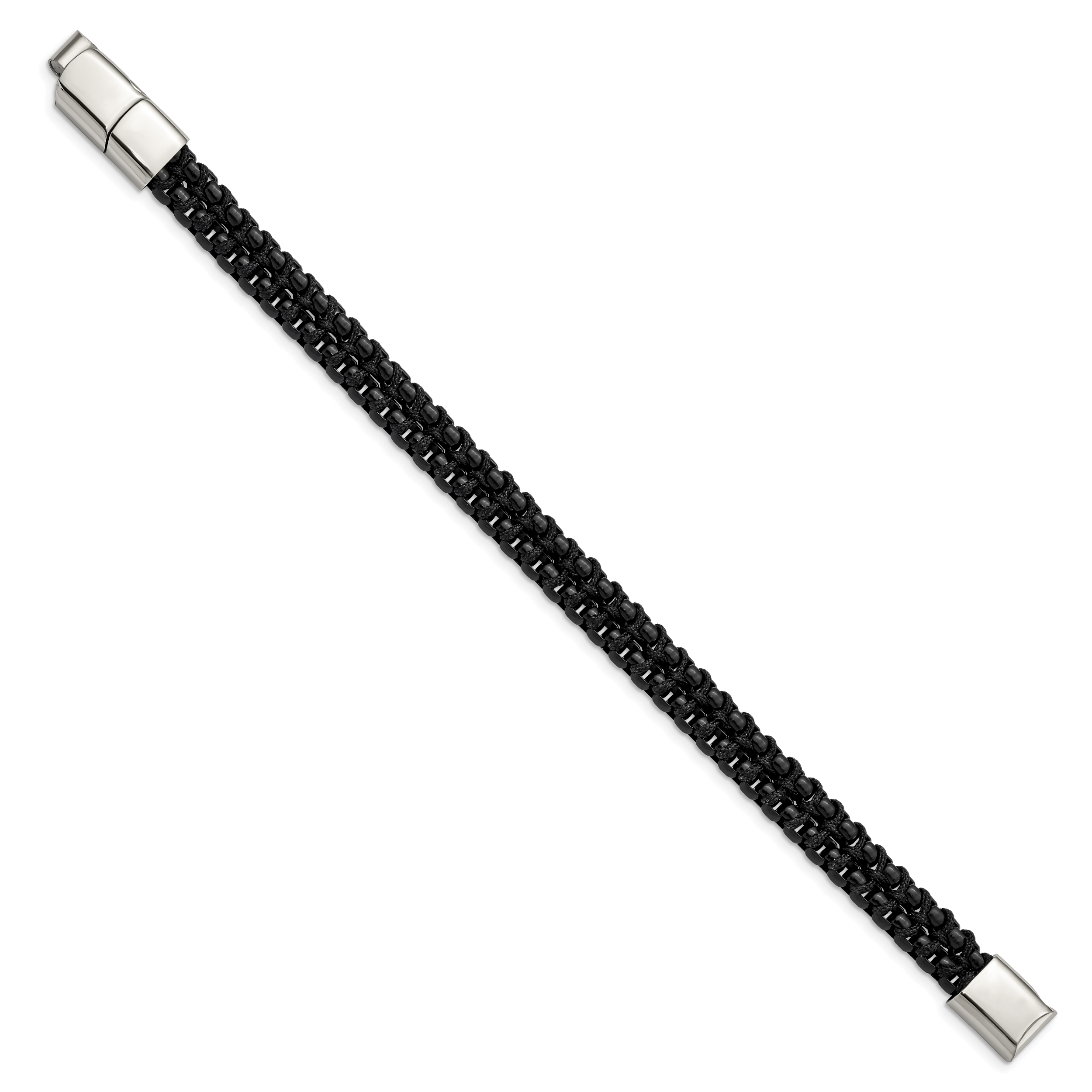 Stainless Steel Polished Black IP-plated with Black Cotton Bracelet with . Extension for Men