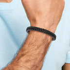 Stainless Steel Polished Black IP-plated with Black Cotton Bracelet with . Extension for Men