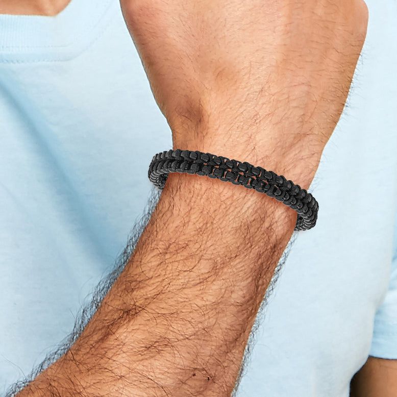 Stainless Steel Polished Black IP-plated with Black Cotton Bracelet with . Extension for Men