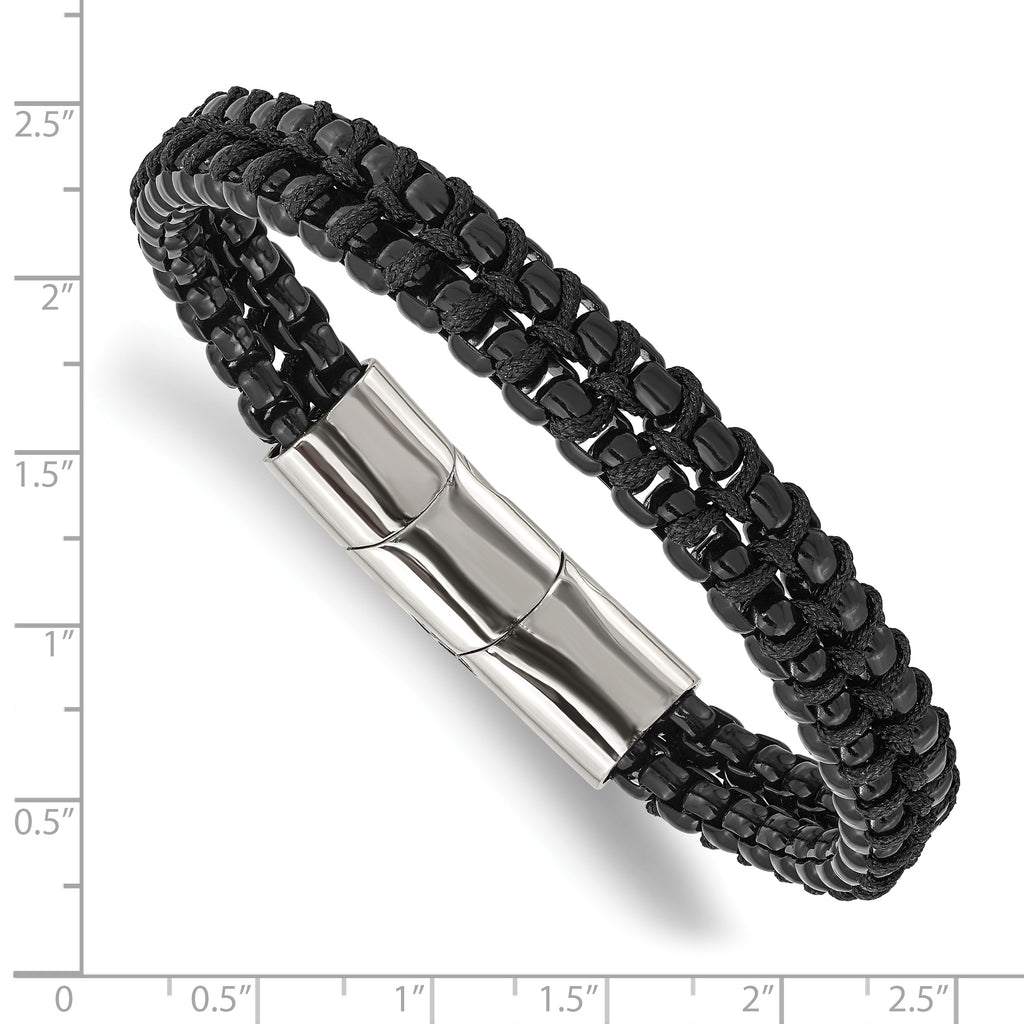 Stainless Steel Polished Black IP-plated with Black Cotton Bracelet with . Extension for Men
