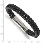 Stainless Steel Polished Black IP-plated with Black Cotton Bracelet with . Extension for Men