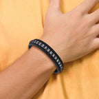 Stainless Steel Polished Black and Blue Leather Bracelet for Men