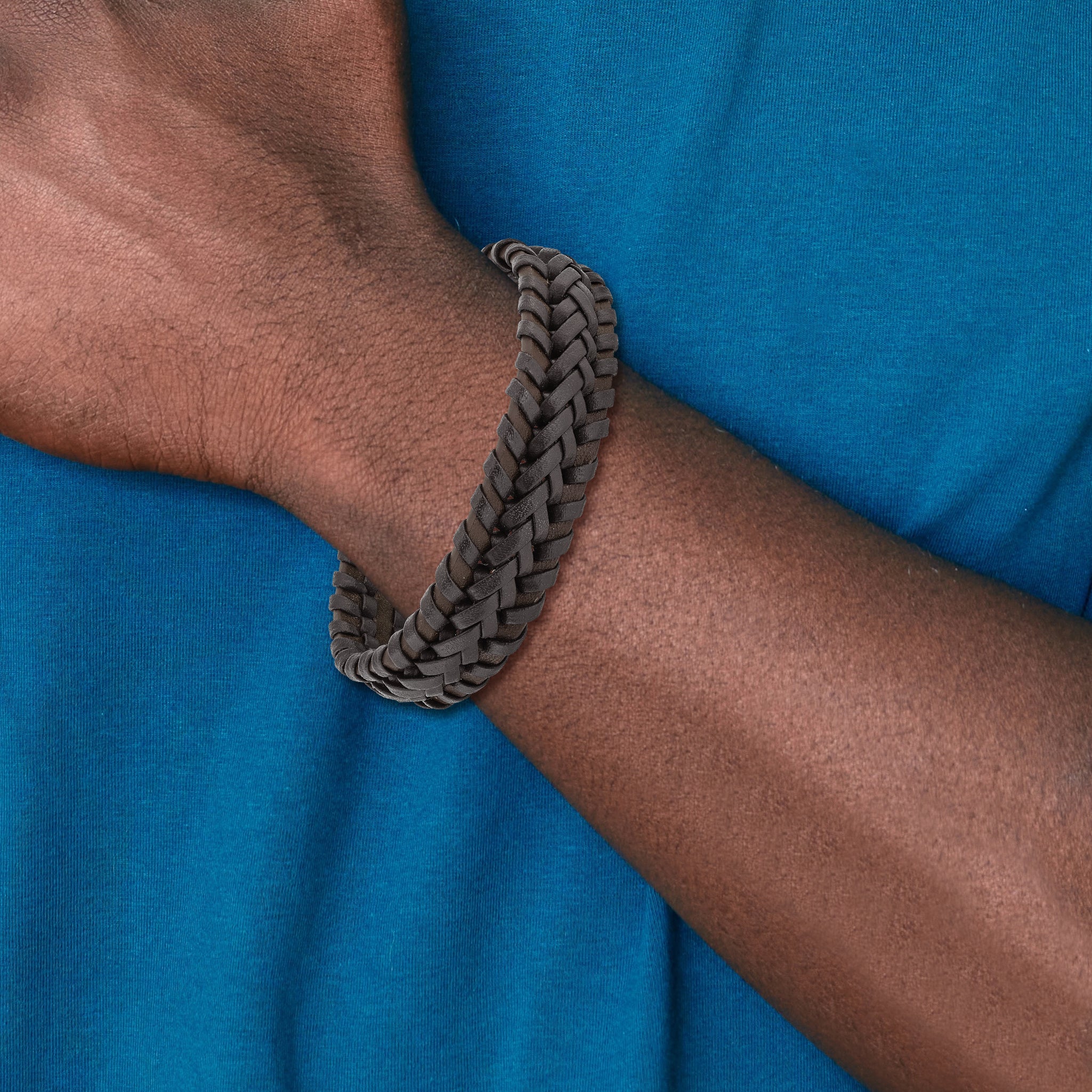 Stainless Steel Polished Brown Braided Leather Bracelet for Men