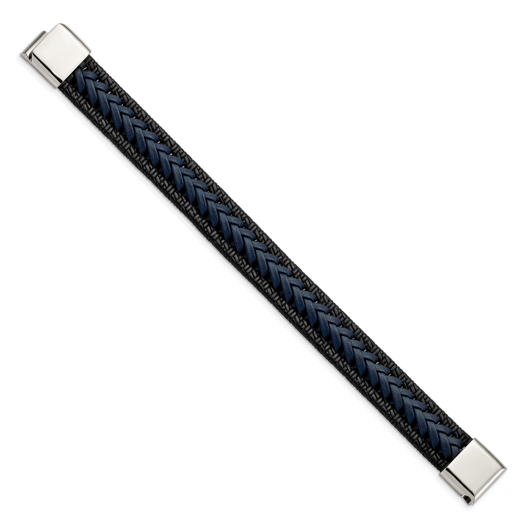 Stainless Steel Polished Black and Blue Braided Leather Bracelet for Men