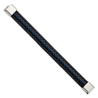 Stainless Steel Polished Black and Blue Braided Leather Bracelet for Men