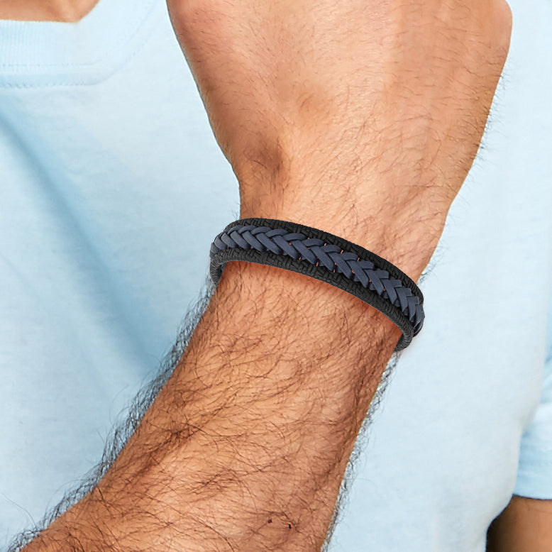 Stainless Steel Polished Black and Blue Braided Leather Bracelet for Men