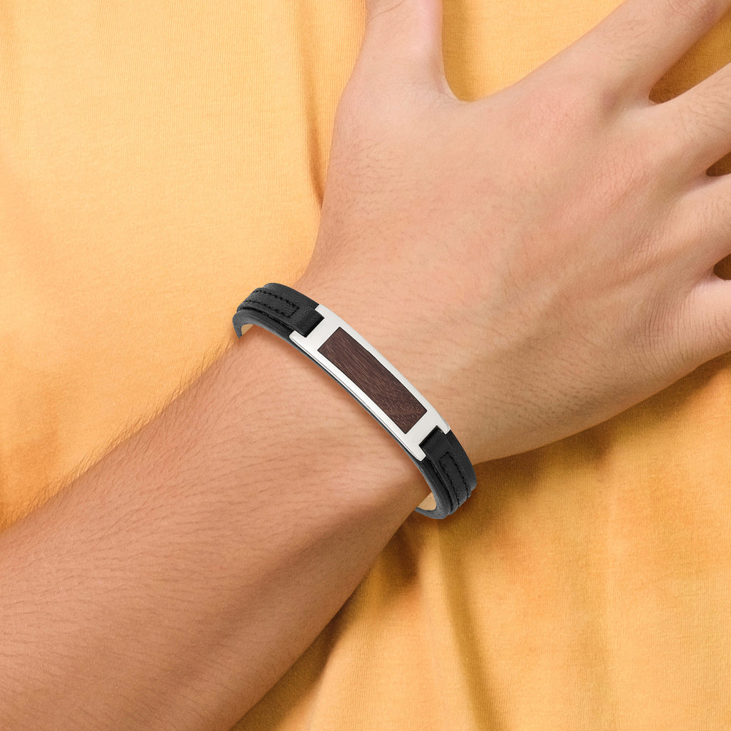 Stainless Steel Polished with Wood Inlay Black Leather with . ext Bracelet
