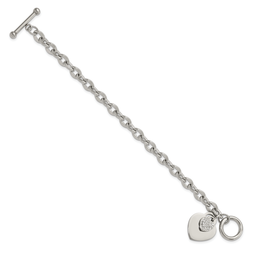Stainless Steel Polished Two Hearts with Cubic Zirconia Toggle Bracelet for Women