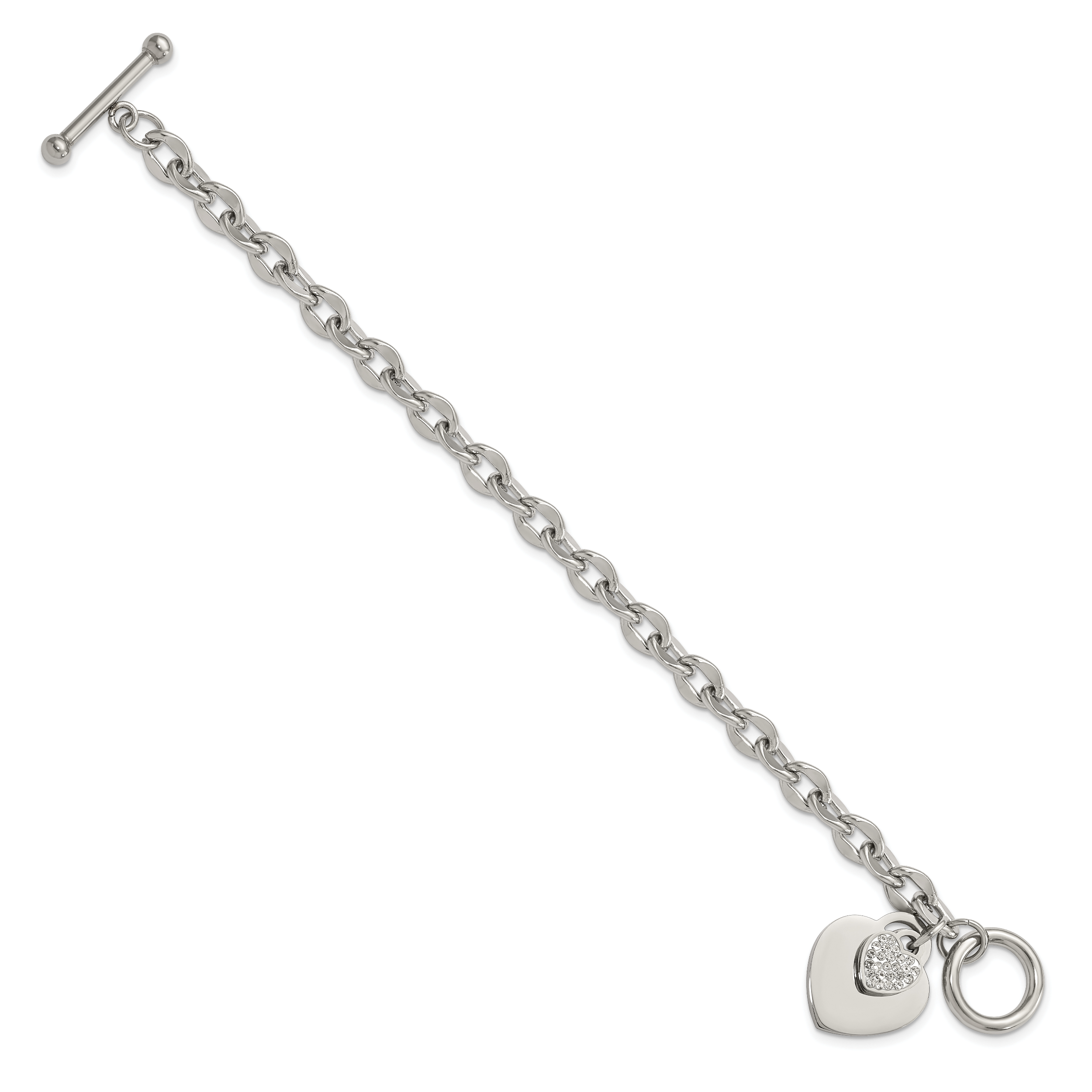 Stainless Steel Polished Two Hearts with Cubic Zirconia Toggle Bracelet for Women