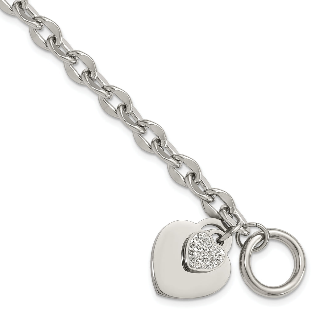 Stainless Steel Polished Two Hearts with Cubic Zirconia Toggle Bracelet for Women