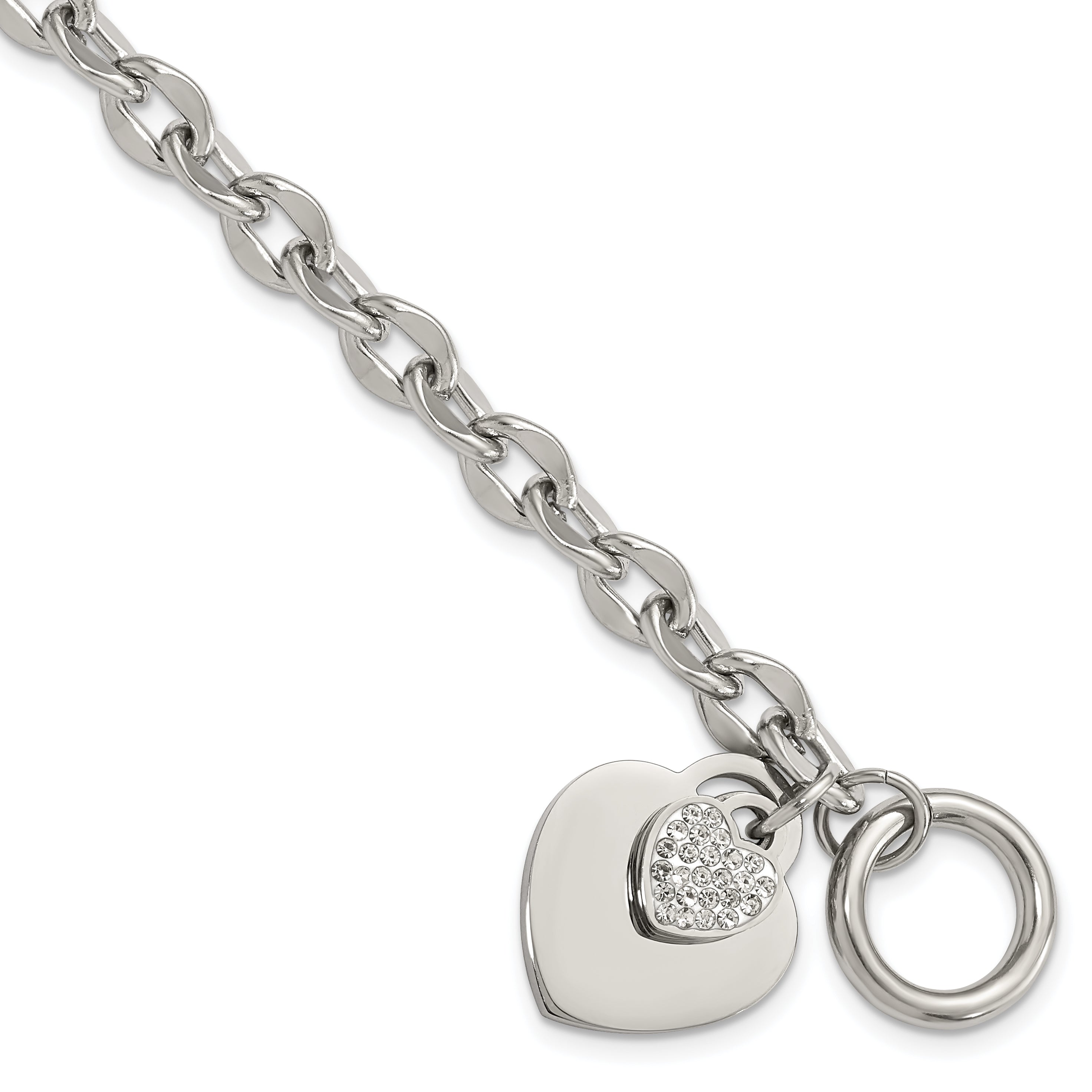 Stainless Steel Polished Two Hearts with Cubic Zirconia Toggle Bracelet for Women