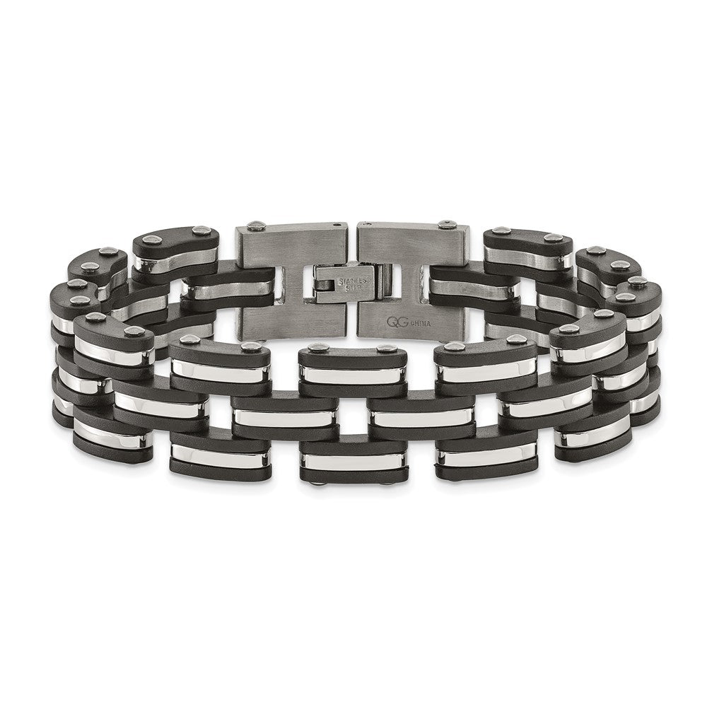 Brushed & Black Rubber Link Bracelet in Stainless Steel, 16.5mm 8" - Sophia Jewelers