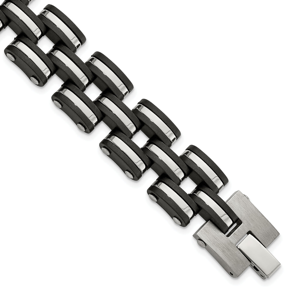 Stainless Steel Brushed and Polished with Black Rubber Link Bracelet for Men