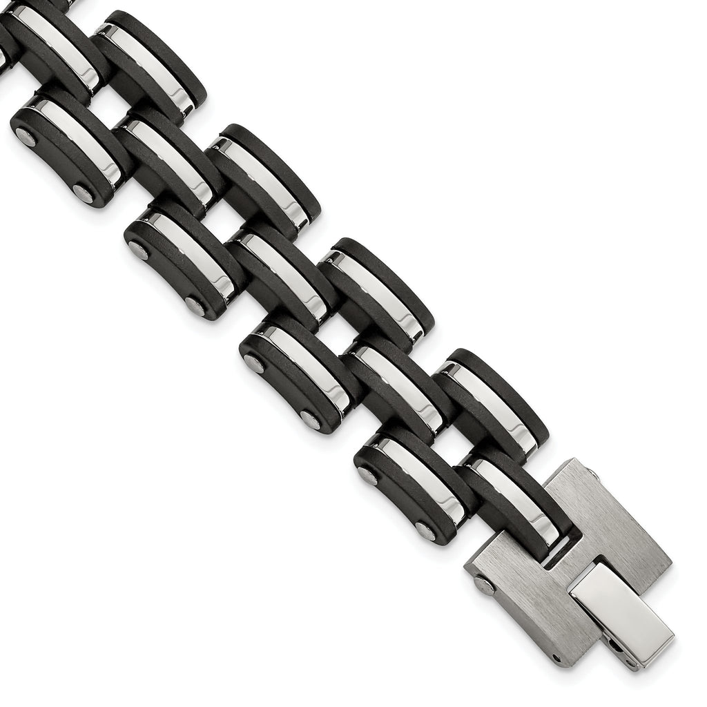 Brushed & Black Rubber Link Bracelet in Stainless Steel, 16.5mm 8" - Sophia Jewelers